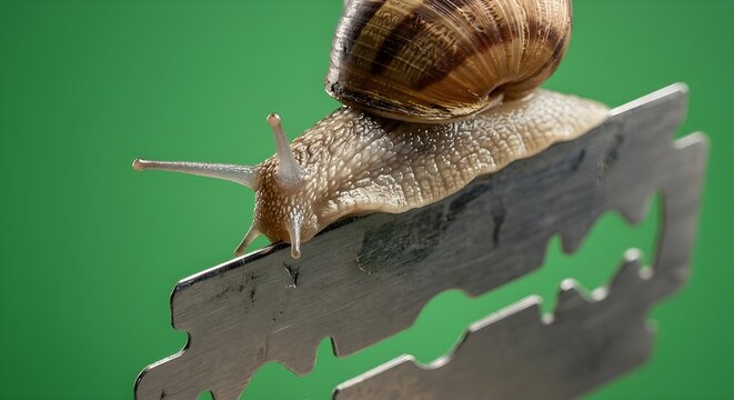 Extreme close-up of a live snail safely crawling along the dangerously sharp edge of a razor blade, green screen background