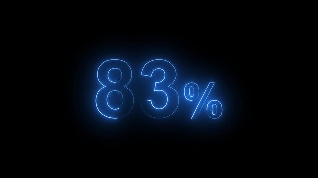 Glowing Neon Blue 83 Percent Sign Animation on Black Background. Percentage Number.