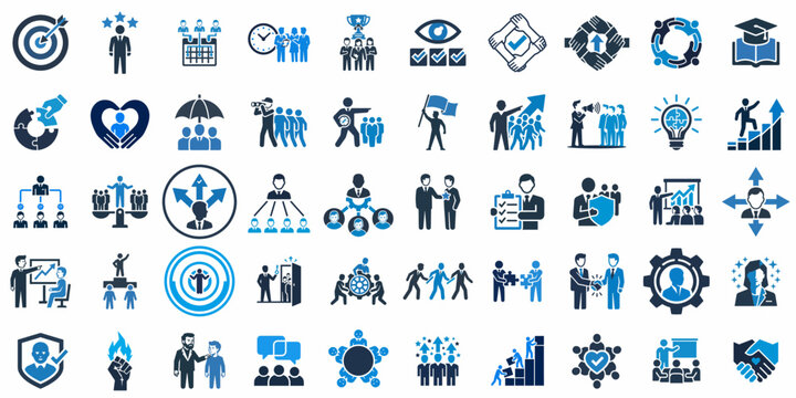 Business leadership and management icons set, 50 professional corporate teamwork vector symbols, blue and black human resources infographic elements