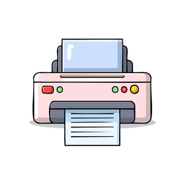 Cute cartoon printer machine ejecting paper with a clean, modern illustration style