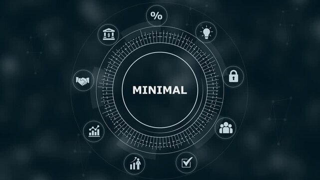 Digital interface featuring a central circular with the word minimal surrounded by various business on a dark blue background