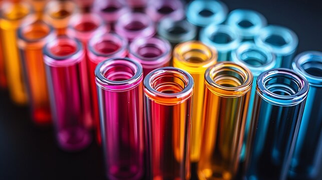 Colorful test tubes, lab research, scientific experiment, dark background, medical analysis