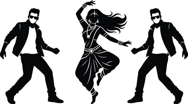 Bollywood fusion dance group silhouette with traditional female and modern male dancers