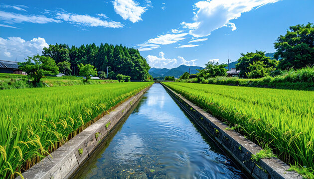 夏　田舎　田んぼ　用水路　背景　夏休み Generative AI