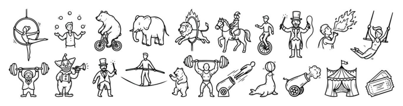 Black and white circus themed icon set including performer, animals, strongman, magician, and circus tent