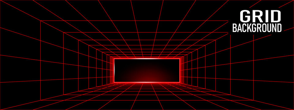 Space background box with perspective grid 3d for wireframe square line. Room metaverse frame with abstract neon texture for wire white depth. Geometric digital box with grid perspective tunnel.