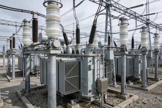 Electrical substation with multiple power transformers and high voltage insulators
