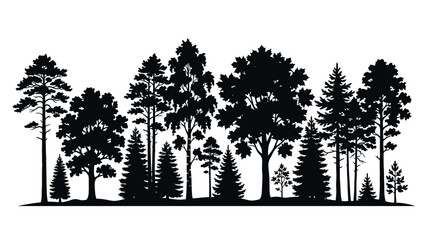 CAD tree lines,  Black grass, Black forest tree silhouettes, minimalist pine and deciduous woodland landscape, coniferous forest horizon line vector for outdoor branding Vector © MST