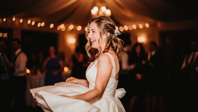 Happy beautiful bride in elegant white wedding dress dancing and laughing joyfully during wedding reception celebration in a warm decorated banquet hall with bokeh lights