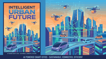 Fototapeta premium Modern Digital City Infrastructure Featuring Autonomous Electric Vehicles and Automated Delivery Drones for Sustainable Urban Living
