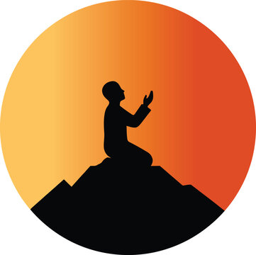 Silhouette of a Muslim man praying on a mountain at sunset vector illustration