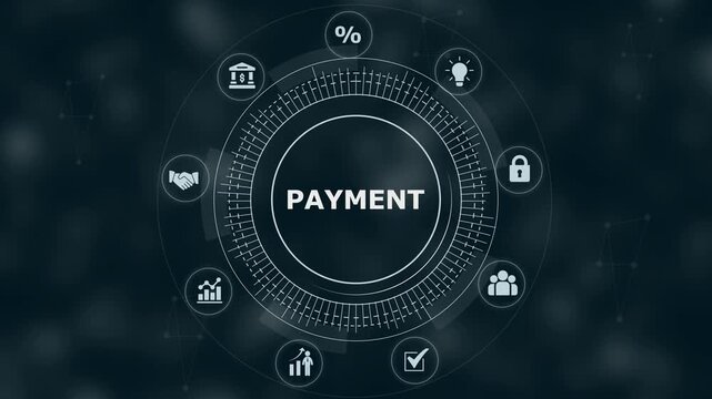 Digital interface showing the word payment surrounded by a circular menu with various business and security on a dark blue background