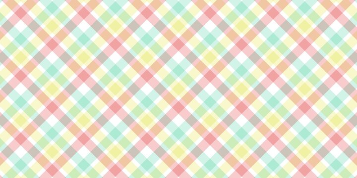 Seamless pastel gingham plaid vector pattern background with colorful diagonal grid stripes for summer or easter design.