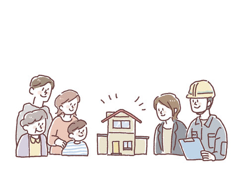 住宅会社のスタッフと家族と家の模型