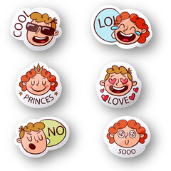 Fototapeta premium Funny Cartoon Face Vector Label Set with Cute Smiley Characters, Animals, Kids and People Expressions Icons for Creative Design Illustration