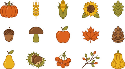 Autumn harvest nature icon set with pumpkin, corn, sunflower, maple leaf, apple, pear, acorn and fall vector clipart collection © AnjumanAra