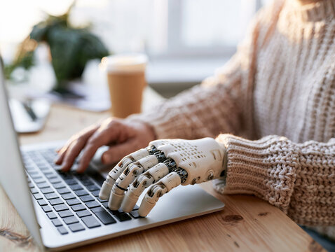 Person with hand prothesis work in office , happy lifestyle