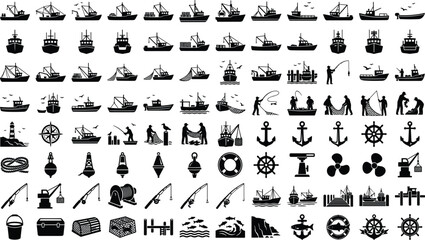 Commercial Fishing Boat and Fisherman Crew Silhouette Icon Set with Solid Black Symbols for Sea Trawlers, Angling Rods, Anchors, and Marine Harbors © RUBINA