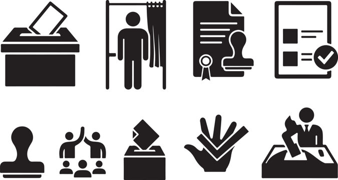 Set of black voting and election icons including ballot box person in booth and checkmark document
