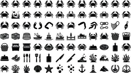 Crab Fishing and Seafood Commercial Silhouette Icon Set with Solid Black Symbols for Deep Sea Crabbing, Marine Industry, Harbors, and Kitchen Preparation © RUBINA