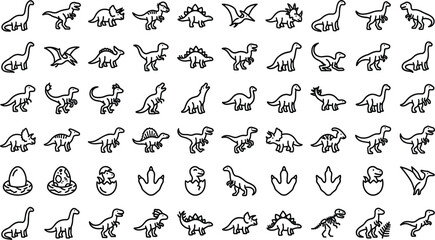 Dinosaur Prehistoric Animal Line Icon Set with Outline Symbols for Tyrannosaurus Rex, Triceratops, Brachiosaurus, Stegosaurus, Fossil Eggs, and Paleontology Tracks © RUBINA