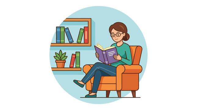 A young woman sitting in a comfortable armchair reading a book.