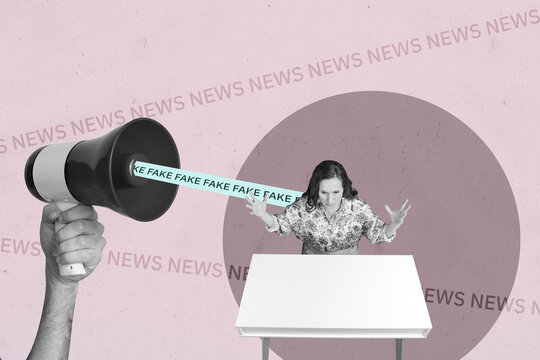 Zine full artwork pop collage of happy puzzled girl listen fake news propaganda fishing spam problem agitation disinformation