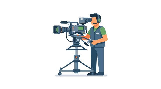 Professional cameraman operating a studio video camera on a tripod.
