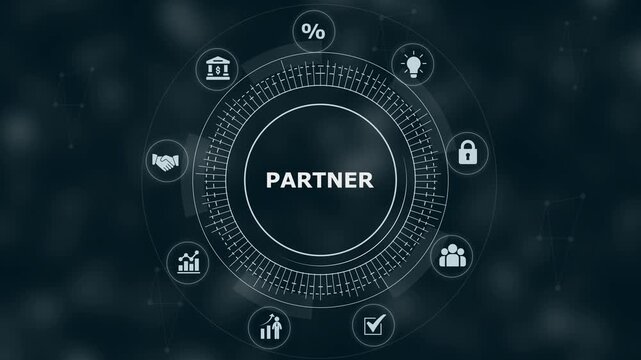 Digital interface with the word partner surrounded by circular representing business finance growth security and communication on dark background