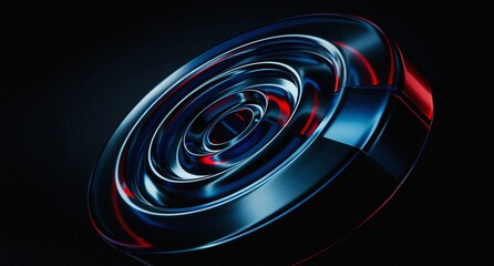 Abstract black 3d background with glass round disks, circle discs, circular plate shapes. Iridescent crystal lens pattern with terracotta blue gradient. Futuristic digital tech banner. 3D illustration © Hanif