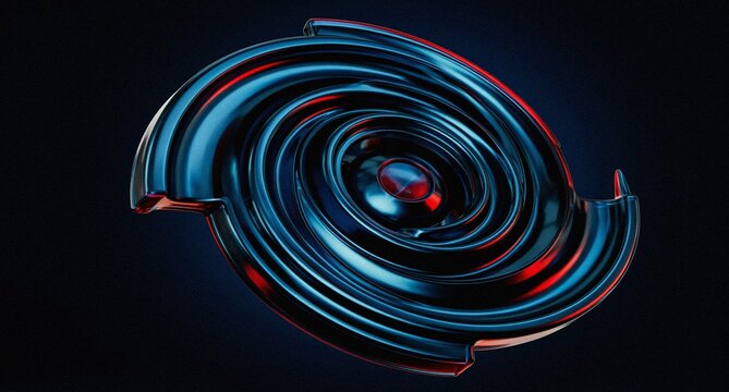 Abstract black 3d background with glass round disks, circle discs, circular plate shapes. Iridescent crystal lens pattern with terracotta blue gradient. Futuristic digital tech banner. 3D illustration