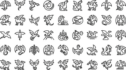 Fantasy Dragon and Mythical Creature Line Icon Set with Outline Symbols for Flying Wyverns, Medieval Legends, Fire Breathing Monsters, and Heraldic Emblems © RUBINA