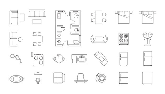 Home Interior Floor Plan Icons &ndash; Top View Furniture and Bathroom Kitchen Layout Set