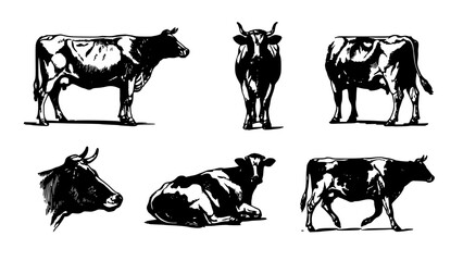Fototapeta premium Cows in Various Poses and Perspectives, Detailed Black and White Sketch Illustration Featuring Cow, Animal, Farm with Livestock