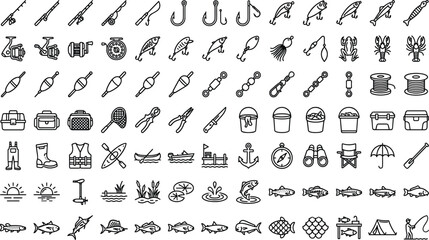 Fishing Tackle and Angling Equipment Line Icon Set with Outline Symbols for Lures, Reels, Hooks, Freshwater Fish, and Outdoor Recreation Gear © RUBINA