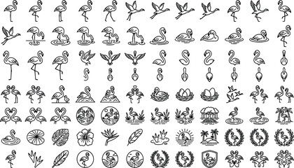 Fototapeta premium Flamingo and Tropical Bird Line Art Icon Set with Cute Outline Symbols for Exotic Wildlife, Flying Poses, Nesting Eggs, and Paradise Floral Leaves
