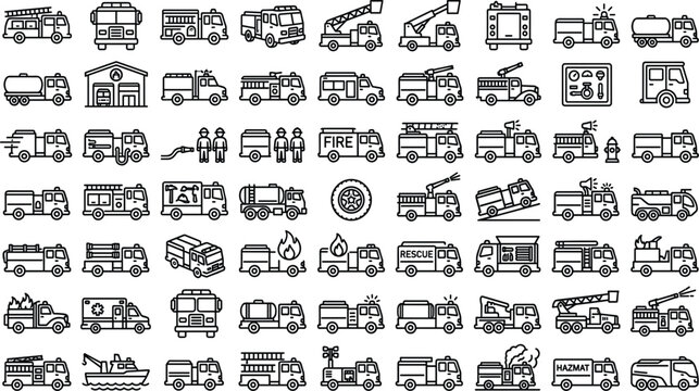 Fire Engine and Emergency Service Line Icon Set with Outline Symbols for Firetruck Squads, Hydrants, Rescue Operations, and Fire Department Equipment