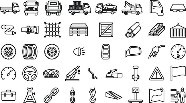Flatbed Truck and Cargo Logistics Line Icon Set with Outline Symbols for Heavy Transport, Towing Services, Freight Hauling, and Flatbed Trailer Equipment