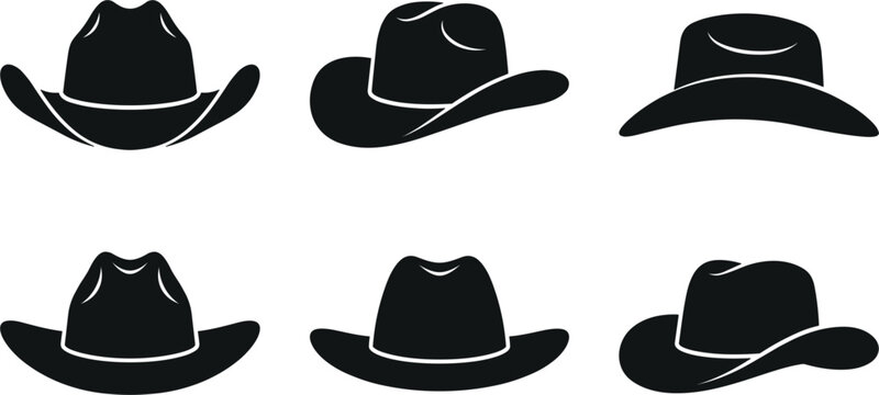 Cowboy hat silhouette icon set featuring western stetson headwear from different angles for texas rodeo farm ranch fashion design elements vector illustration