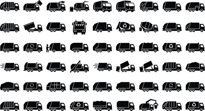 Garbage Truck and Waste Management Silhouette Icon Set with Solid Black Symbols for Refuse Collection Vehicles, Recycling Lorries, and Sanitation Services