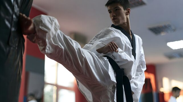 A young martial delivers a powerful kick to a heavy bag during focused training inside a gym