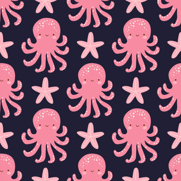Cute pink octopus and starfish. Pink octopus vector seamless pattern on black background. Perfect for fabric, wallpaper, wrapping paper, nursery, textile, and kids designs