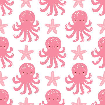 Cute pink octopus and starfish. Pink octopus vector seamless pattern isolated on white background. Perfect for fabric, wallpaper, wrapping paper, nursery, textile, and kids designs