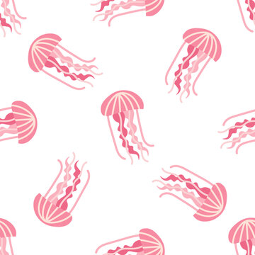 Pink jellyfishes vector seamless pattern isolated on white background hand drawn illustration