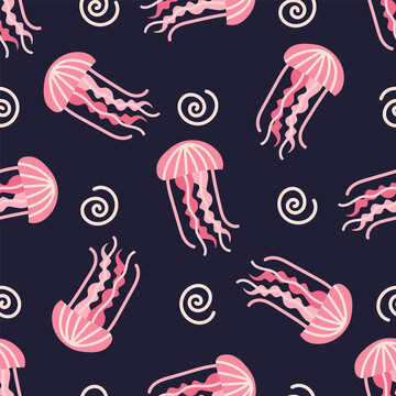 Pink jellyfishes vector seamless pattern on dark background hand drawn illustration	