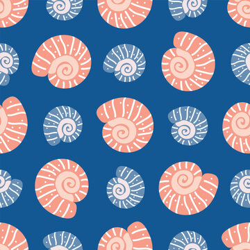 Pink and blue spiral seashells. Cute marine seamless pattern with seashells for fabric, wallpaper, wrapping paper, textile, nursery decor, and coastal designs.