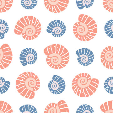 Seamless pattern with pink and blue spiral seashells. Cute marine background  with seashells for fabric, wallpaper, wrapping paper, textile, nursery decor, and coastal designs.
