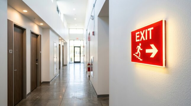 Modern hotel corridor with illuminated red emergency exit sign on wall