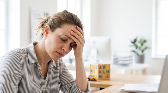 Stressed working mother holding her forehead in home office