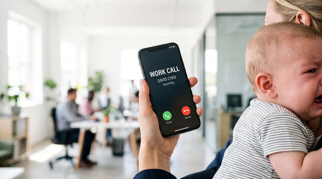 Working parent holding crying baby during incoming work call